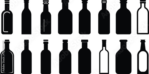 Bottle silhouettes set, glass pack of vector silhouette design, isolated background