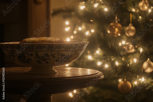 Elegant Vintage Bowl with Festive Dessert in Cozy Atmosphere Beside Glowing Christmas Tree Lights Creating Holiday Cheer and Warmth