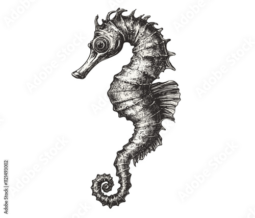 Vintage illustration of hand-drawn seahorse, black sketch effect, aquatic art, wildlife print, trendy design, ocean life, coastal decor, marine life art