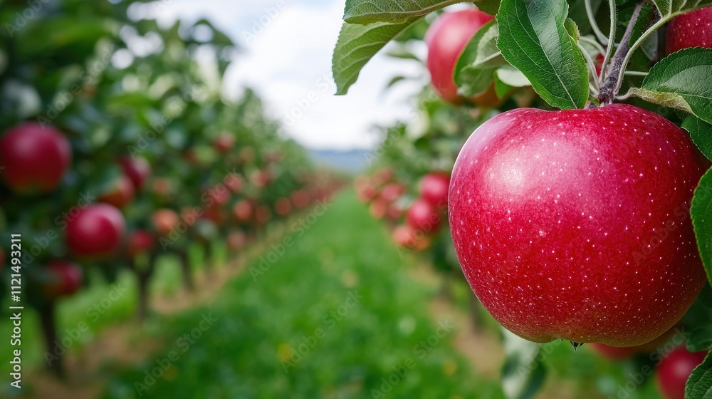 A vibrant apple orchard with lush green grass and rows of red apples hanging from trees under a cloudy sky. A vibrant apple orchard with lush green grass and rows of red apples hanging from trees under a cloudy sky.