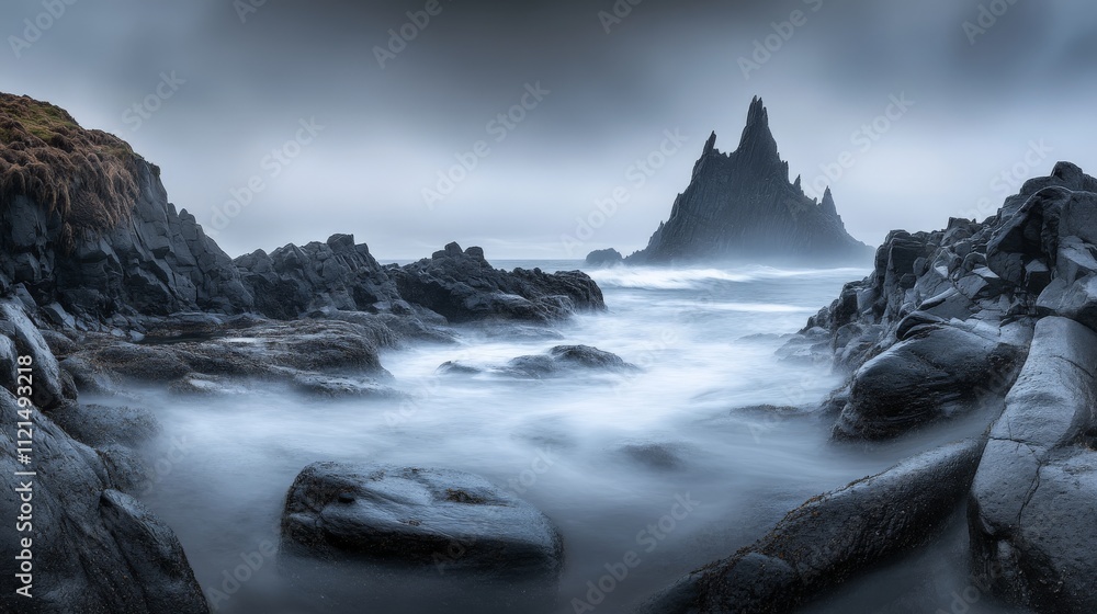 Dramatic rocky seascape with jagged peaks and misty waves Dramatic rocky seascape with jagged peaks and misty waves