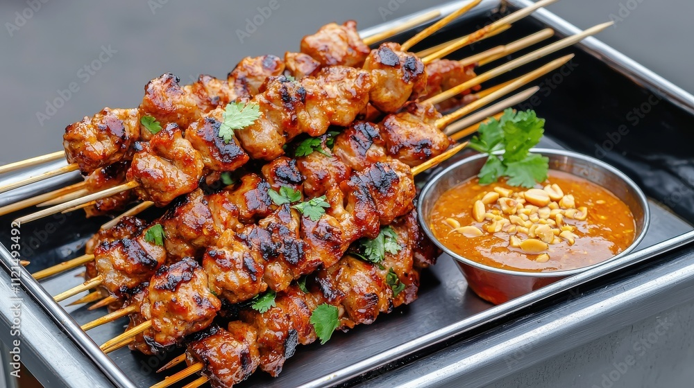 Grilled meat skewers served with a savory dipping sauce, garnished with herbs, perfect for appetizers or street food lovers. Grilled meat skewers served with a savory dipping sauce, garnished with herbs, perfect for appetizers or street food lovers.