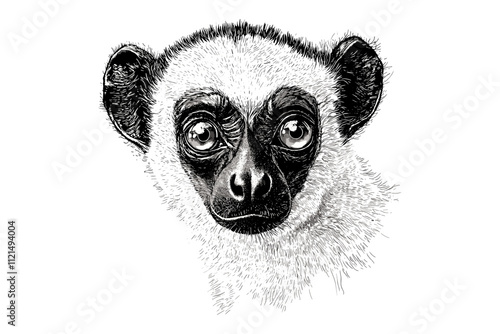 Wildlife illustration of a sifaka in old engraving style, trendy animal art, hand-drawn black sketch, white background, vintage wall decor.