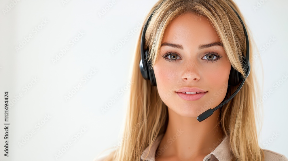 Beautiful young woman provides support as a call center agent during daytime work hours Beautiful young woman provides support as a call center agent during daytime work hours