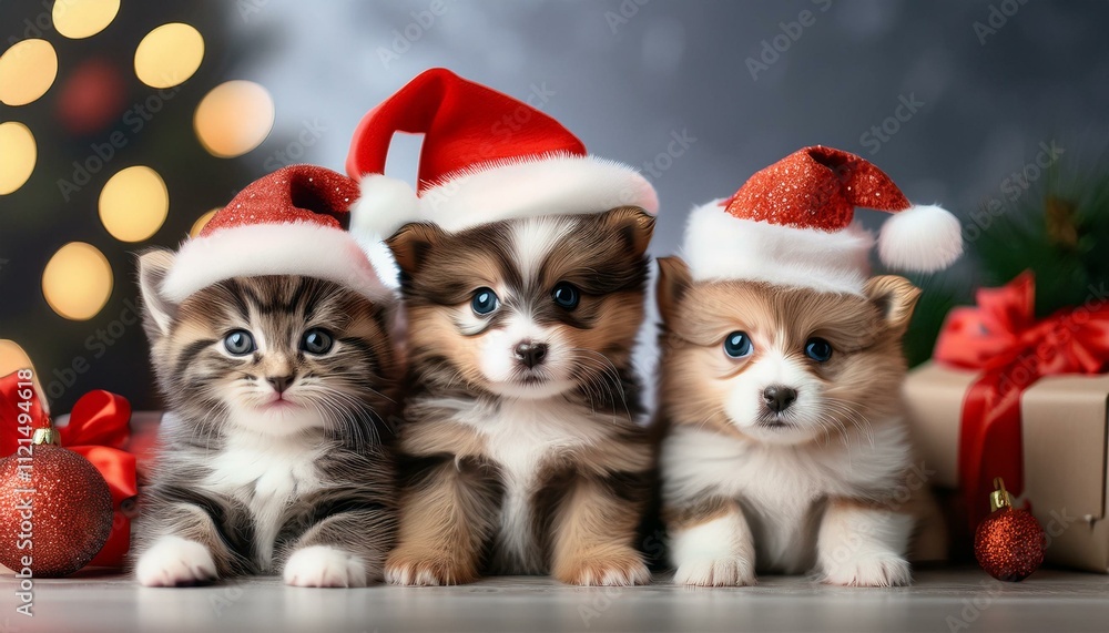 Generated image from a cute husky and kitten wearing christmas hats with a christmas background Generated image from a cute husky and kitten wearing christmas hats with a christmas background