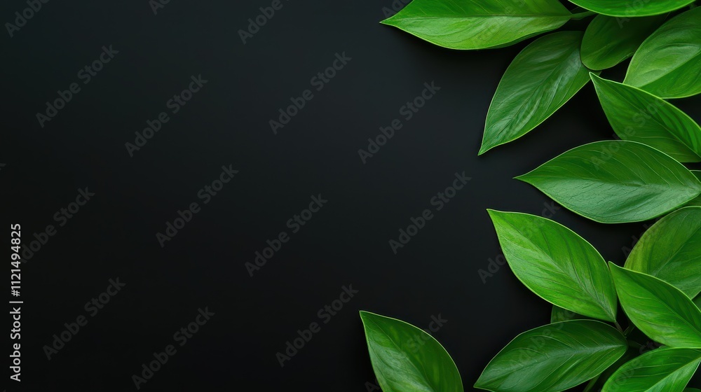 Green leaves arranged on a flat dark background showcasing natural beauty and simplicity Green leaves arranged on a flat dark background showcasing natural beauty and simplicity