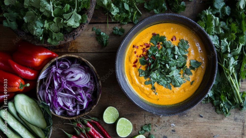 Colorful Vegetable Ingredients and Creamy Soup on Rustic Table Colorful Vegetable Ingredients and Creamy Soup on Rustic Table