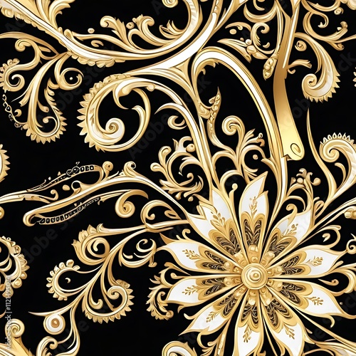 Golden Floral Baroque: Intricate swirls of golden floral motifs dance across a rich black background in this captivating baroque pattern. The intricate details, reminiscent of opulent decor.