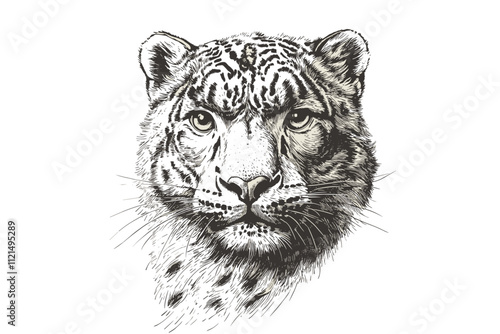 Wildlife illustration, hand-drawn snow leopard, vintage art, trendy animal art, black sketch effect, white background, wall decor, decorative art, nature lover gifts.