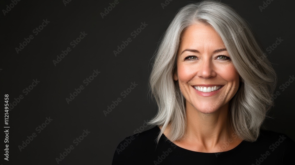 Confident middle-aged woman smiling against a dark background in a studio setting Confident middle-aged woman smiling against a dark background in a studio setting