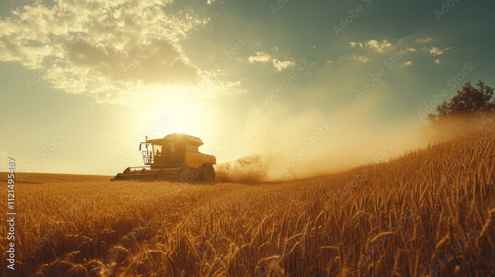 Fototapeta premium Golden Harvest: A Combine Harvester at Sunset