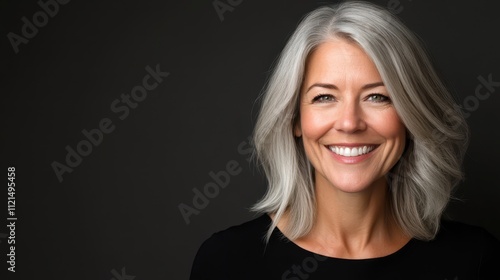 Confident middle-aged woman smiling against a dark background in a studio setting