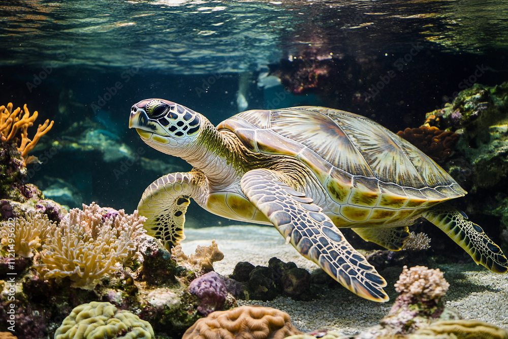 Fototapeta premium Green sea turtle swimming in a vibrant coral reef