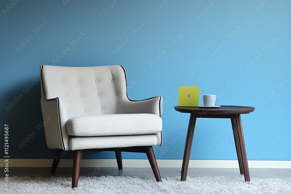 Fototapeta premium Cozy chair and modern table in a calm blue room