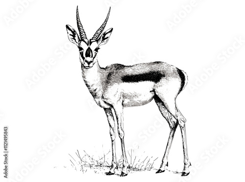 Hand-drawn springbok vintage art, black sketch wildlife print design, aquatic animal vector, trendy rodent, white background, antique style.