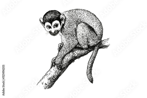 Hand-drawn squirrel monkey in vintage art, old engraving style wildlife illustration, black sketch effect, trendy wall decor, animal art, nature-inspired home decor.