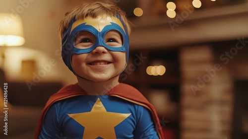 Happy little boy dressed as a superhero enjoying playful moments indoors at home