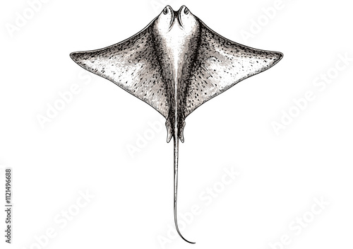 Hand-drawn stingray with black sketch effect, vintage art in old engraving style on white background, animal print design, aquatic-themed illustration, sea creature art photo