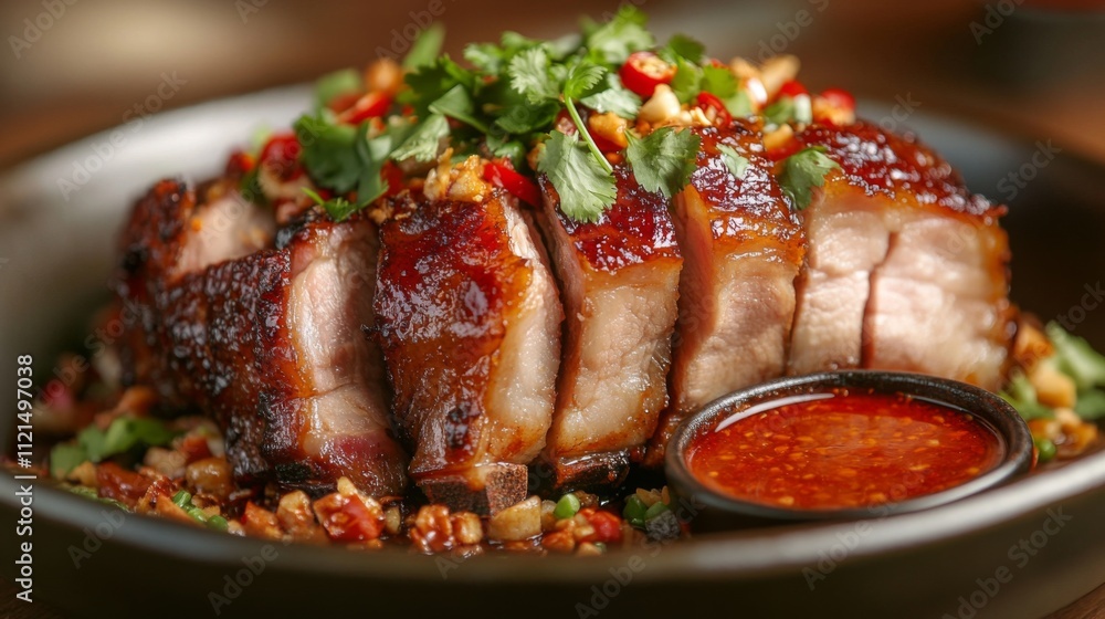 Deliciously Glazed Pork Dish with Herbs and Spicy Sauce Deliciously Glazed Pork Dish with Herbs and Spicy Sauce