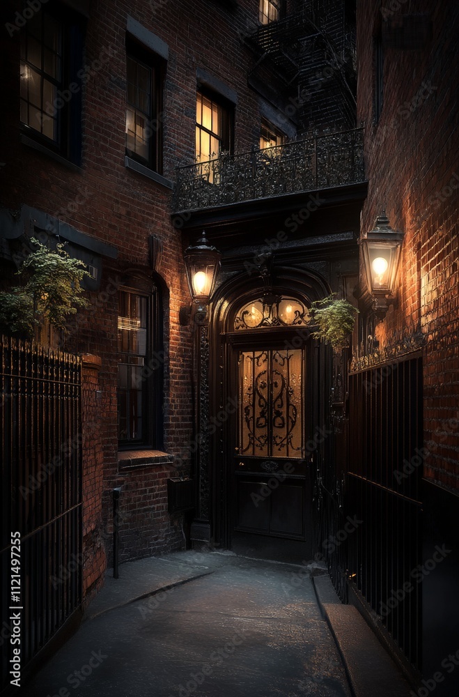 Enchanting night scene of a dimly lit brick alleyway with ornate door Enchanting night scene of a dimly lit brick alleyway with ornate door