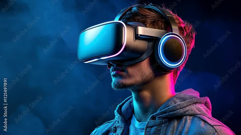 Virtual reality experience captivates young man in modern gaming setup with vibrant lighting Virtual reality experience captivates young man in modern gaming setup with vibrant lighting