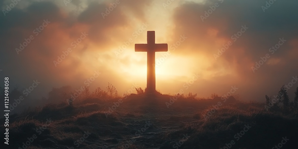 Silhouette of a Christian Cross Against a Dramatic Glowing Sky Silhouette of a Christian Cross Against a Dramatic Glowing Sky