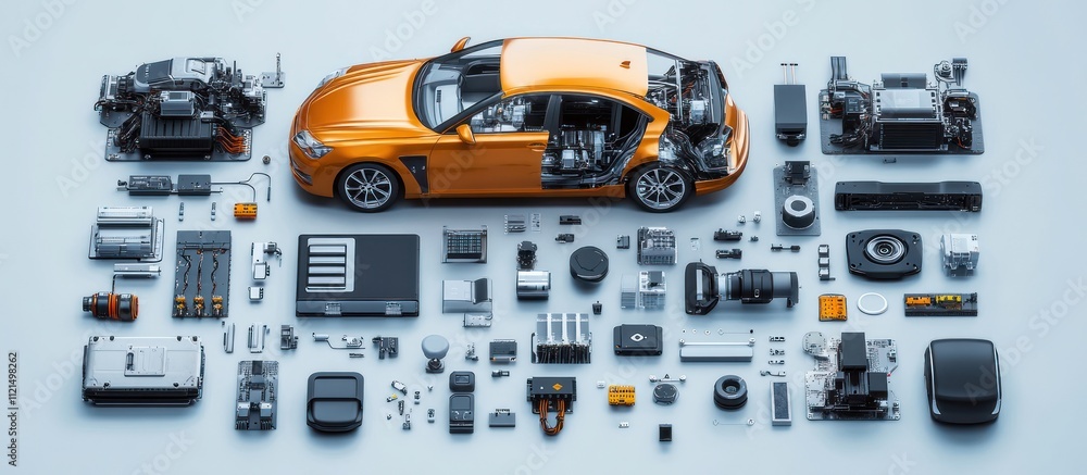 Orange car with cutaway side revealing the engine and other internal components, with all parts of the car disassembled and arranged around it. Orange car with cutaway side revealing the engine and other internal components, with all parts of the car disassembled and arranged around it.