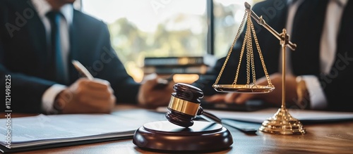 Close up of a wooden gavel on a table with a scale of justice and two lawyers in the background signing documents.