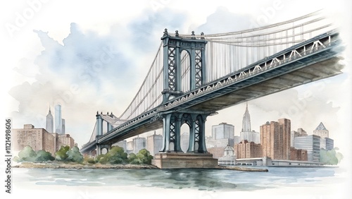 Manhattan bridge New York cityscape watercolor illustration