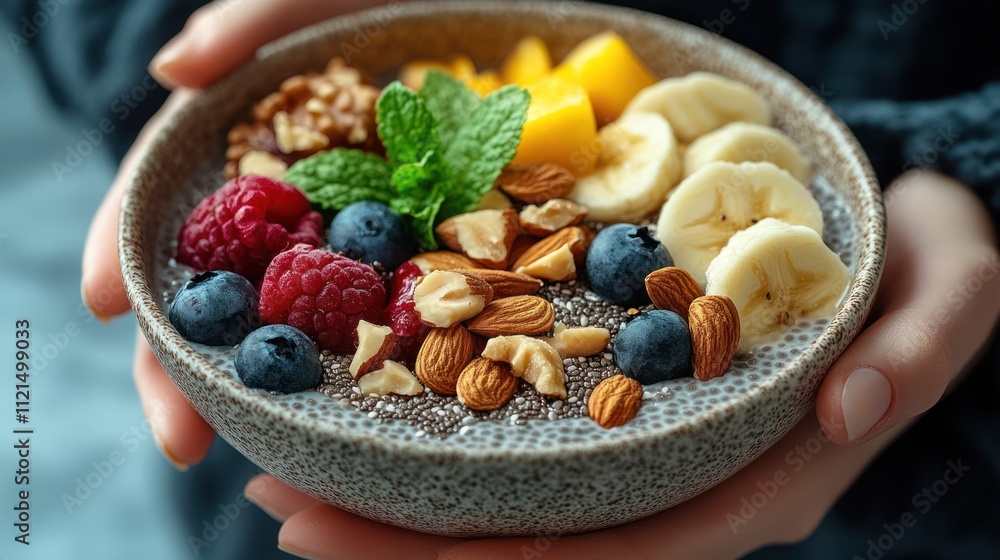 Closeup of a woman's hands holding a bowl with chia pudding, mango, banana, raspberries, blueberries, almonds and mint. Closeup of a woman's hands holding a bowl with chia pudding, mango, banana, raspberries, blueberries, almonds and mint.