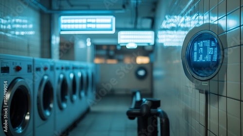 Futuristic laundry room with digital timers and row of washing machines