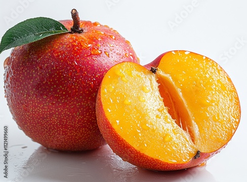 Juicy mango with a vibrant red skin and a golden yellow flesh, glistening with water droplets.  A healthy and refreshing treat! photo