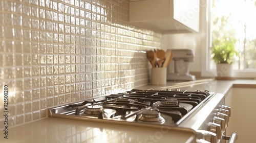 A modern kitchen featuring a mocha mousse-colored backsplash, gas stove, and natural light illuminating the space photo