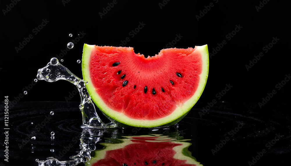 Nice black background with a subject in the form of a watermelon slice with splashing water.
Nice black background with a subject in the form of a watermelon slice with splashing water.