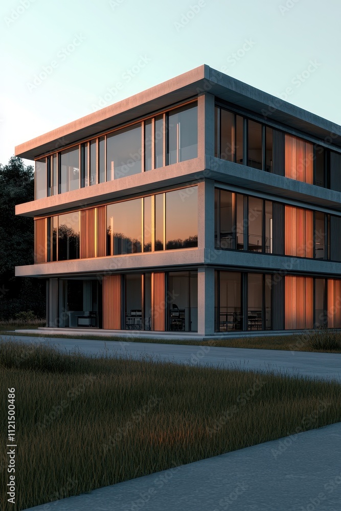 Modern Architectural Design with Sunset Reflection Modern Architectural Design with Sunset Reflection