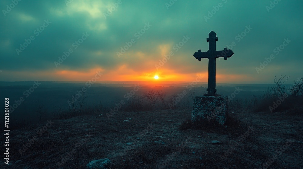 Silhouette of a Christian Cross Against a Dramatic Glowing Sky Silhouette of a Christian Cross Against a Dramatic Glowing Sky