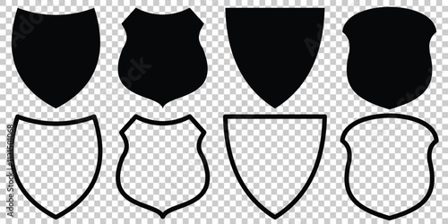 Shield icons set. Protect shield vector. Badge quality symbol, sign, logo or emblem. safety guard strong shield shape icon. Secure safeguard web sign in filled and outlined style. Vector illustration.