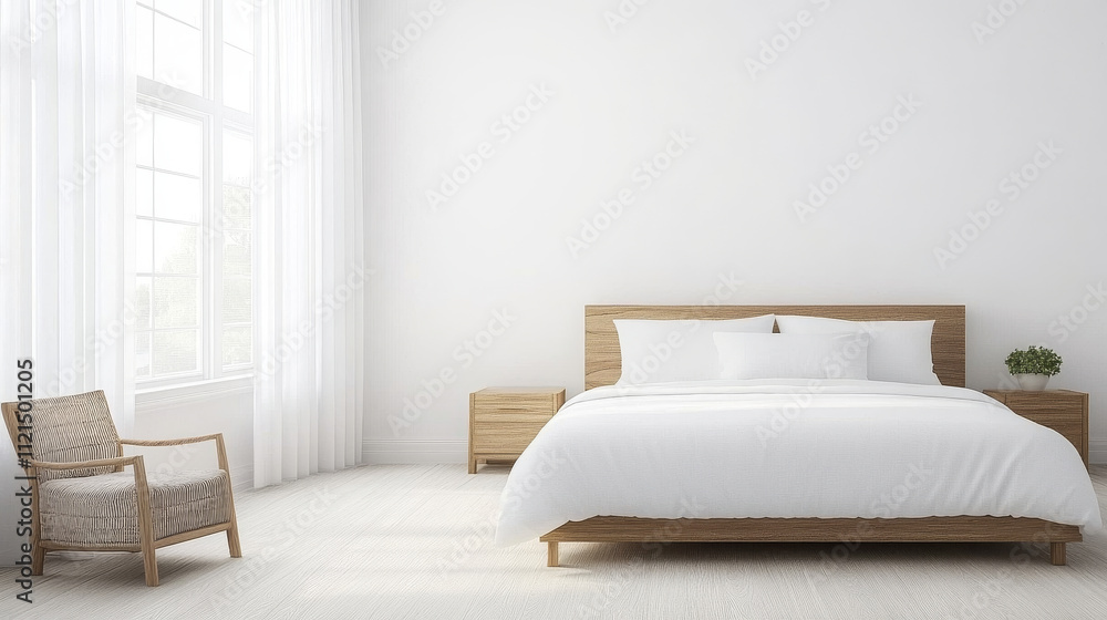 A serene bedroom featuring wooden bed with white bedding, cozy chair, and natural light streaming through large windows, creating peaceful atmosphere A serene bedroom featuring wooden bed with white bedding, cozy chair, and natural light streaming through large windows, creating peaceful atmosphere
