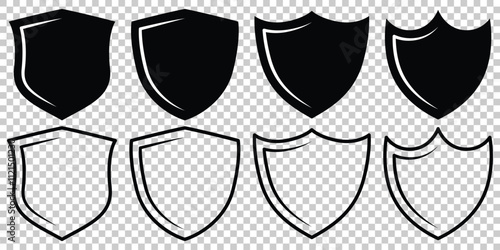 Shield icons set. Protect shield vector. Badge quality symbol, sign, logo or emblem. safety guard strong shield shape icon. Secure safeguard web sign in filled and outlined style. Vector illustration.