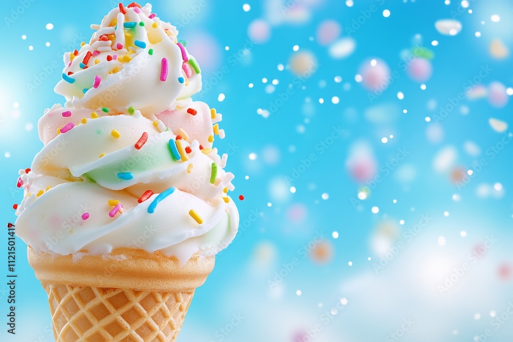 Close-up of a brightly coloured ice cream cone with lots of multi-coloured balls topped with sprinkles. Generative AI Close-up of a brightly coloured ice cream cone with lots of multi-coloured balls topped with sprinkles. Generative AI