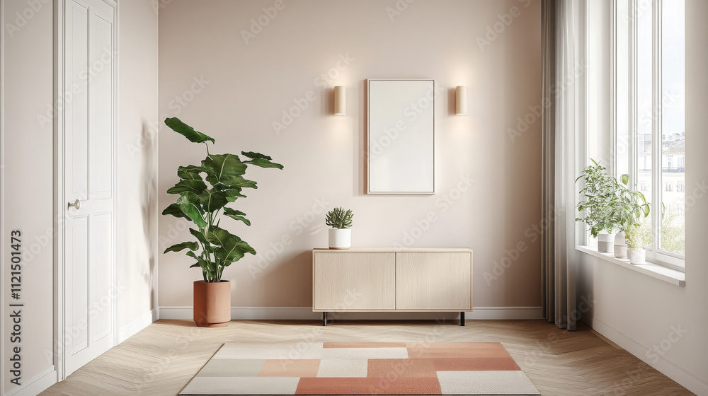 A modern interior design featuring minimalist living room with light color palette. space includes stylish cabinet, decorative plants, and geometric rug, creating serene atmosphere A modern interior design featuring minimalist living room with light color palette. space includes stylish cabinet, decorative plants, and geometric rug, creating serene atmosphere