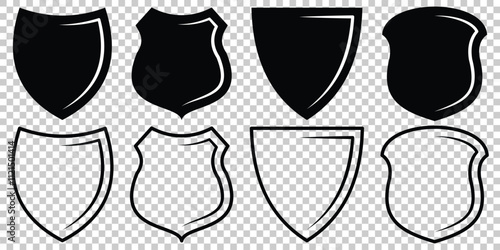 Shield icons set. Protect shield vector. Badge quality symbol, sign, logo or emblem. safety guard strong shield shape icon. Secure safeguard web sign in filled and outlined style. Vector illustration.