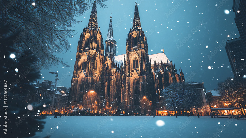 Fototapeta premium A grand stone cathedral with towering spires, blanketed in snow, glowing warmly from inside.