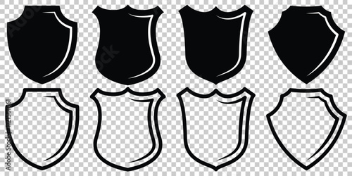 Shield icons set. Protect shield vector. Badge quality symbol, sign, logo or emblem. safety guard strong shield shape icon. Secure safeguard web sign in filled and outlined style. Vector illustration.