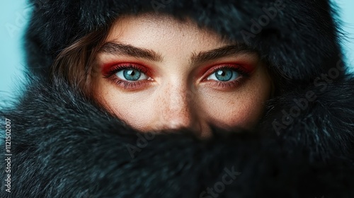 A woman with striking blue eyes is framed by a fur hood, portraying elegance and sophistication through her poised expression and stylish makeup. photo