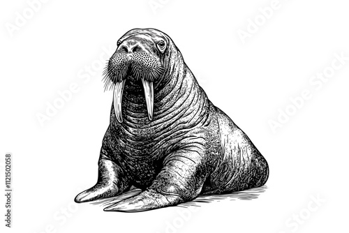 Animal print walrus in old engraving style, hand-drawn black sketch, trendy illustration, vintage art, white background, retro design, wildlife wall art, nature sketch.