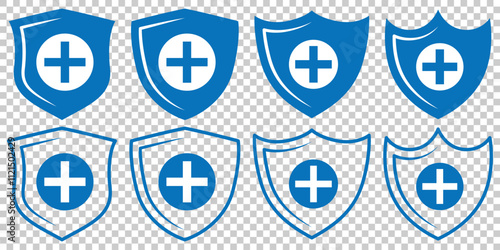 Set of security shield icons, security shields logotypes with check mark and padlock. Access approved symbol. Safety insignia. Vector illustration. 
