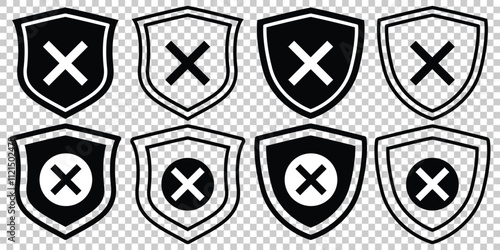 Security Shield Vector. Shield with cross icon set.  Protection icon. Shield vector icon. Protection is disabled. Protect shield vector. Vector illustrator. 