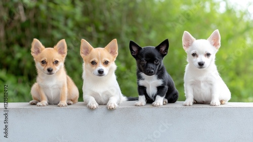Four adorable Chihuahuas sitting in a row outdoors.