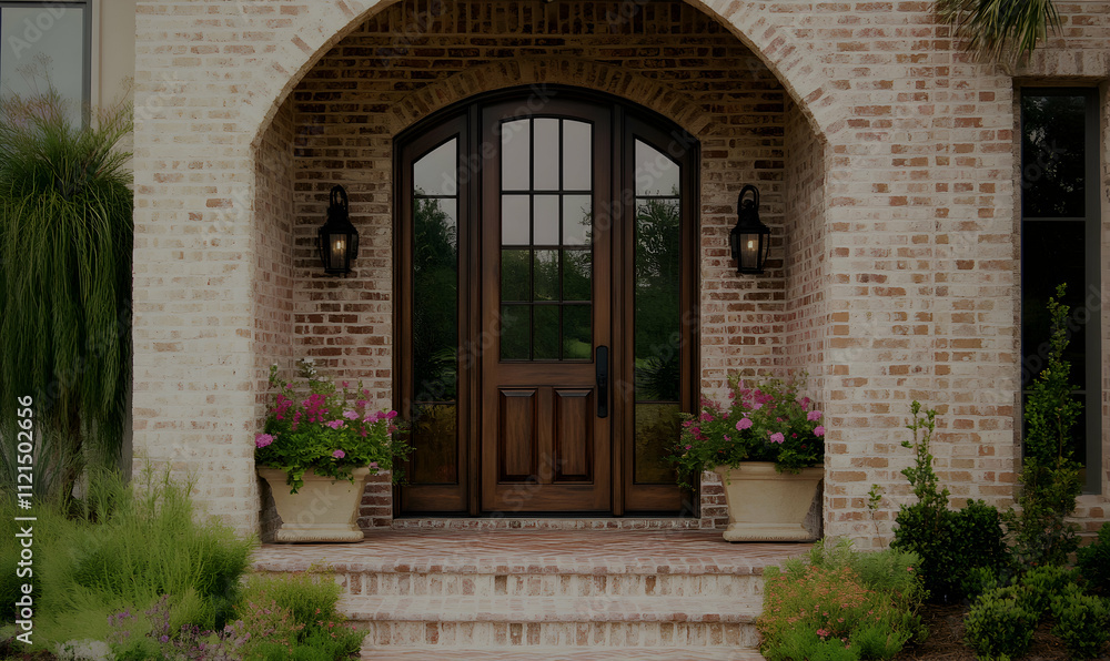 Elegant arched brick entryway with a rich wood door, flanked by potted flowers and stylish lanterns. A perfect image for real estate, home decor, or architectural design. Elegant arched brick entryway with a rich wood door, flanked by potted flowers and stylish lanterns. A perfect image for real estate, home decor, or architectural design.